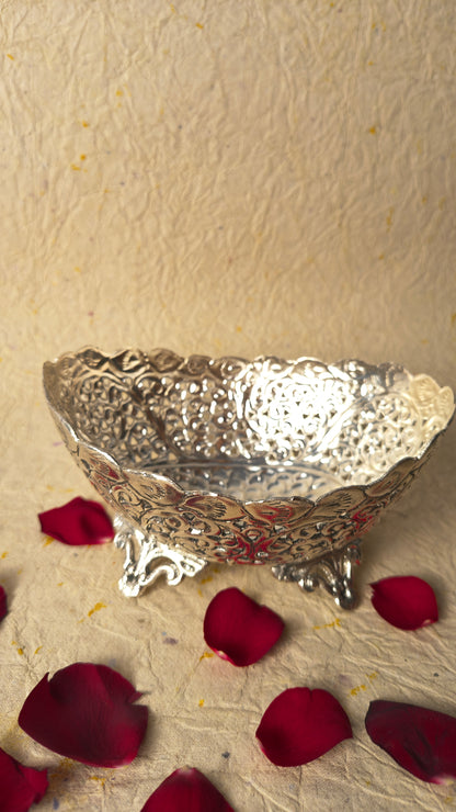 Handcrafted Silver Tone Decorative Bowl with Ornate Floral Pattern