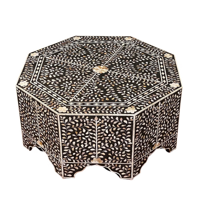 Luxury Handmade Bone Inlay Octagonal Coffee Table with Intricate Black Floral Design.