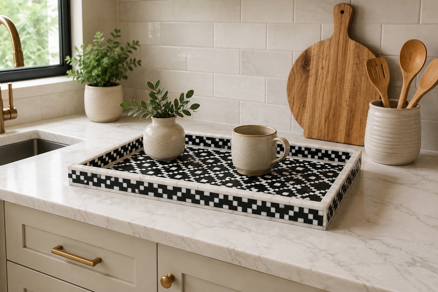 Handcrafted Bone Inlay Serving Tray with Elegant Design for Tea & Coffee Serving.