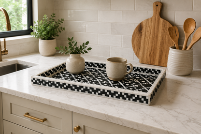 Handcrafted Bone Inlay Serving Tray with Elegant Design for Tea & Coffee Serving.