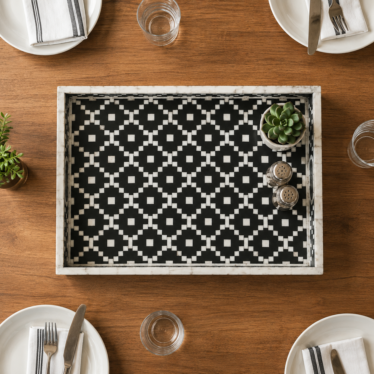 Handcrafted Bone Inlay Serving Tray with Elegant Design for Tea & Coffee Serving.