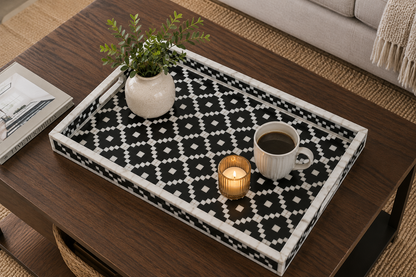 Handcrafted Bone Inlay Serving Tray with Elegant Design for Tea & Coffee Serving.