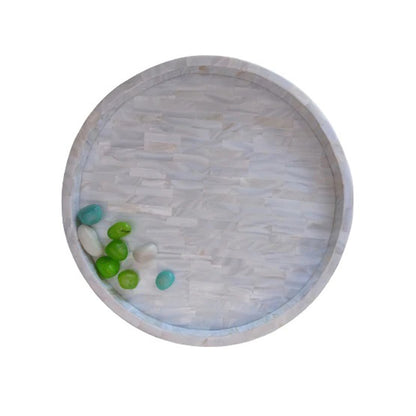 Luxury White Mother of Pearl Round Tray with Handmade Mosaic Inlay