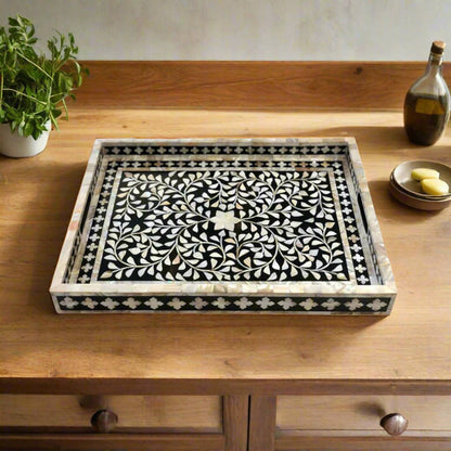 Handmade Mother of Pearl Inlay Rectangular Serving Tray with Handles