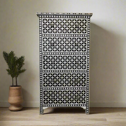 MOTHER OF PEARL CHEST OF DRAWER/ Tall Boy Dresser - Star Eye( Black)