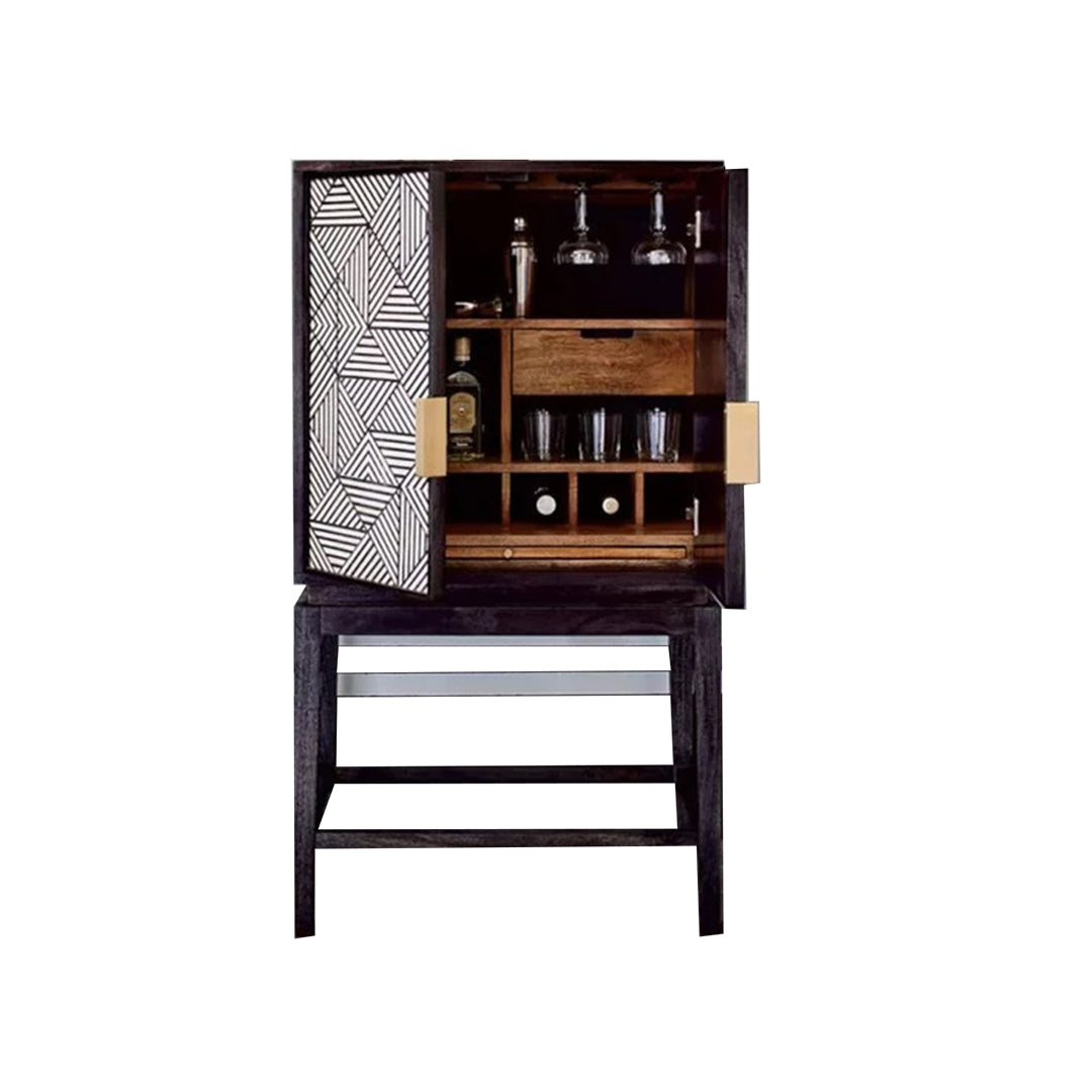 Handmade Black & White Geometric Pattern Bone Inlay Bar Cabinet