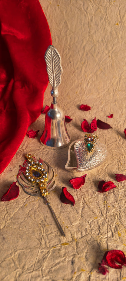 Decorative Puja Bell with Leaf Handle, Peacock Feather and Silver Finish Kumkum Holder Set