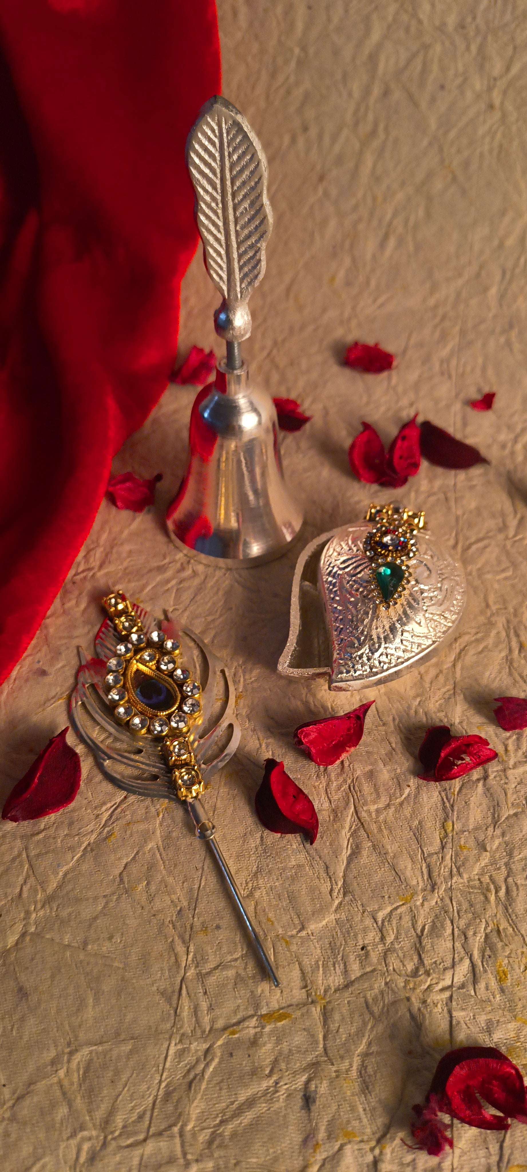 Silver Tone Puja Bell Set with Ornamental Leaf Shaped Kumkum Container