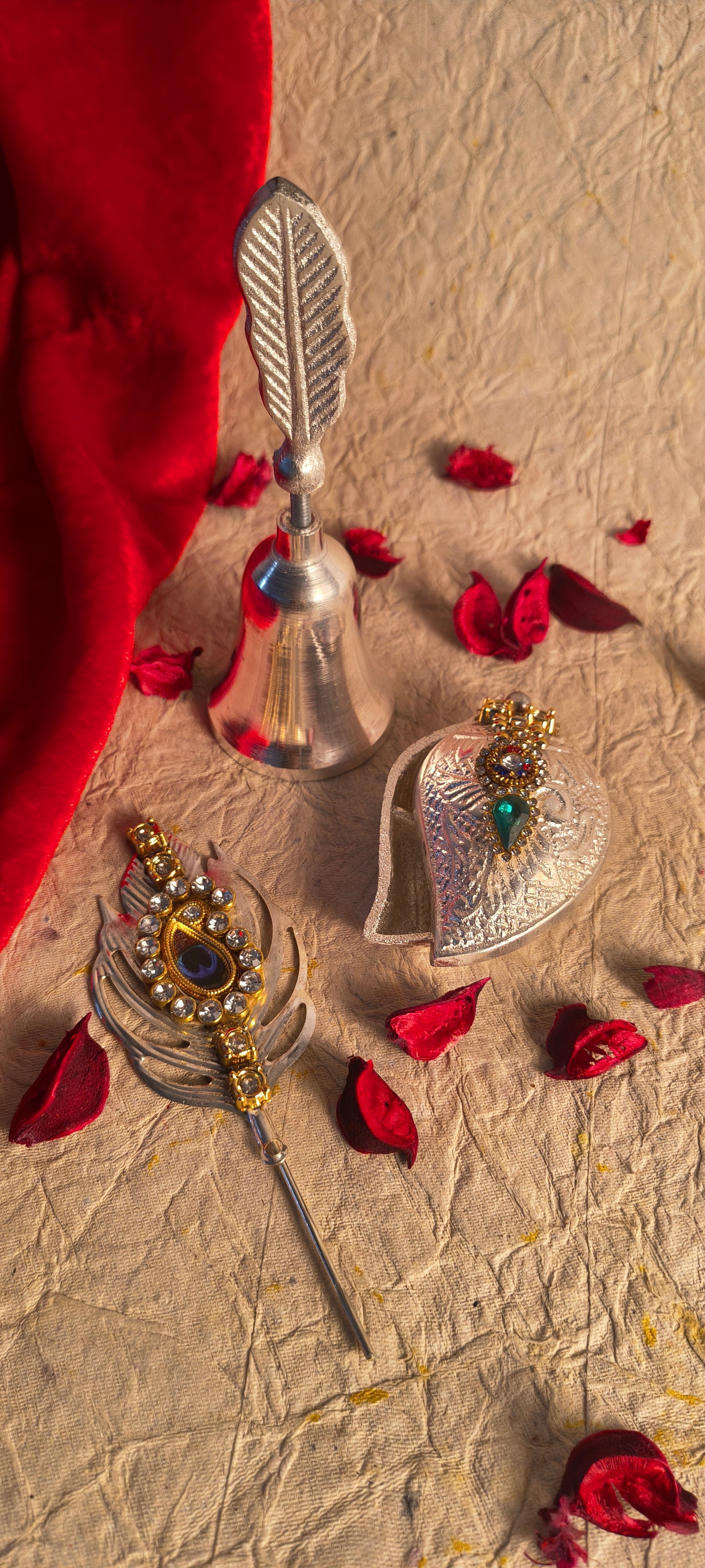 Religious Puja Accessories Set Featuring Bell, Peacock Feather and Decorative Box