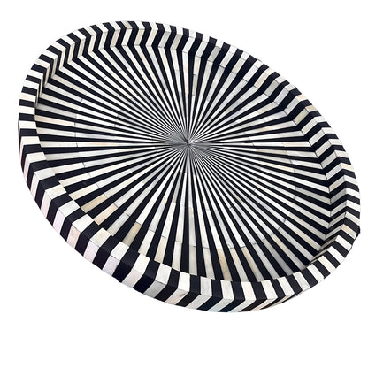 Black & White Bone Inlay Round Tray with Modern Geometric Pattern