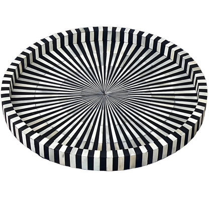 Black & White Bone Inlay Round Tray with Modern Geometric Pattern