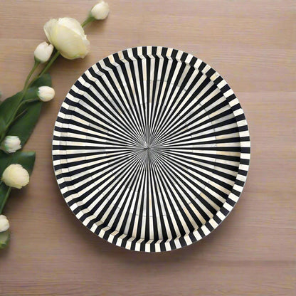 Black & White Bone Inlay Round Tray with Modern Geometric Pattern