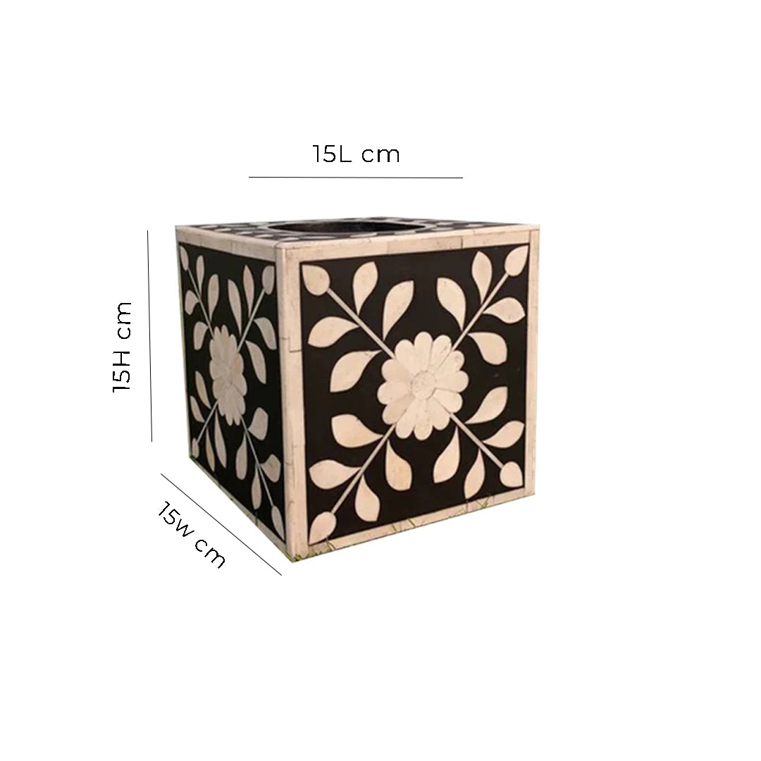 Decorative bone inlay tissue box cover made from bone, resin, and MDF wood for elegant home accessories.