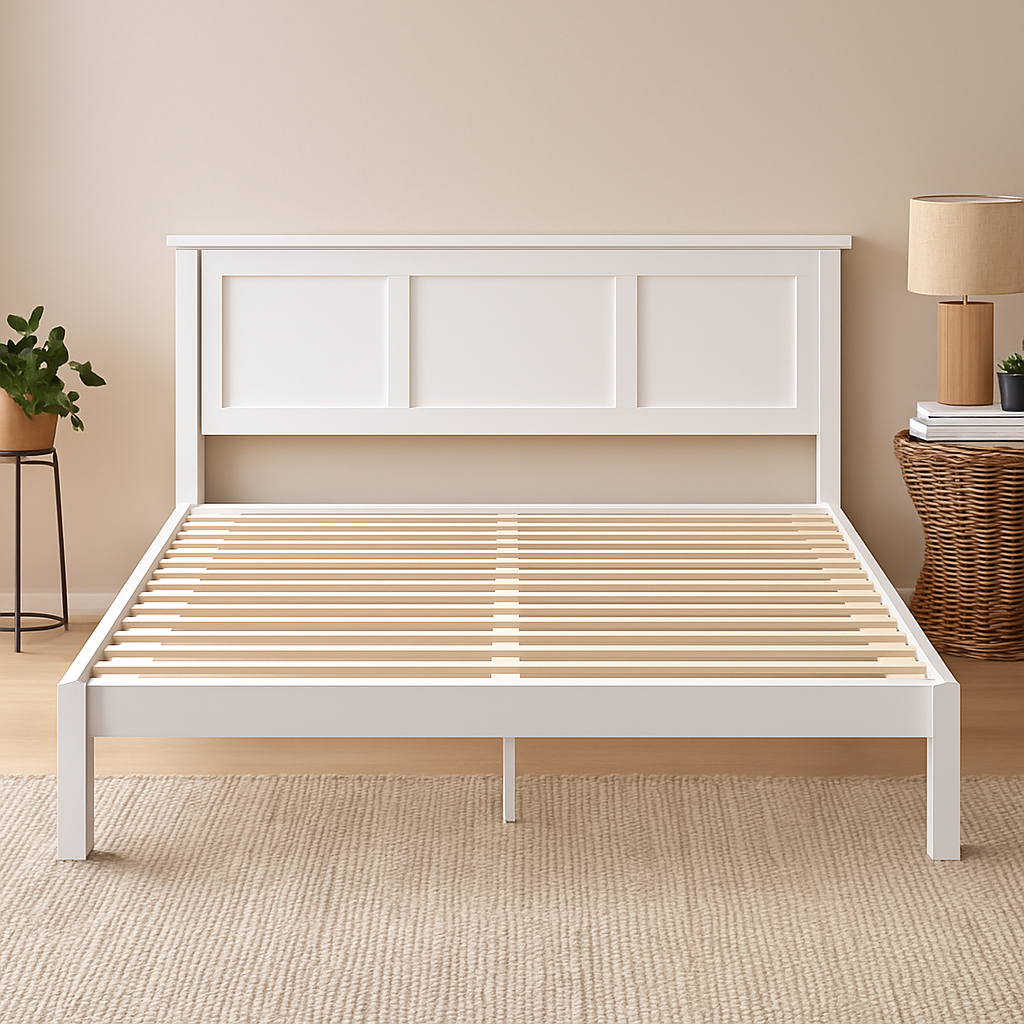 White wooden bed frame with panel headboard and wooden slats, placed in a modern bedroom with woven rug and neutral decor.