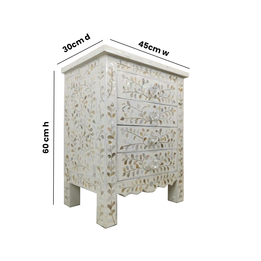 White Mother of Pearl Inlay Nightstand with 4 Drawer Storage