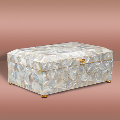 Handmade Mother of Pearl inlay jewelry box rea view with gold hingesr