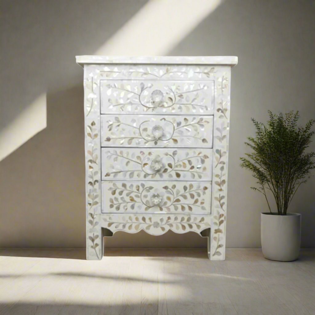 Modern white mother of pearl inlay nightstand with floral pattern