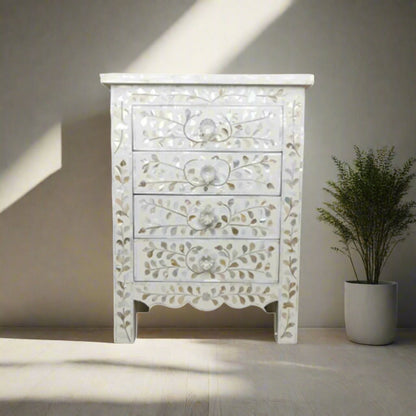 Modern white mother of pearl inlay nightstand with floral pattern
