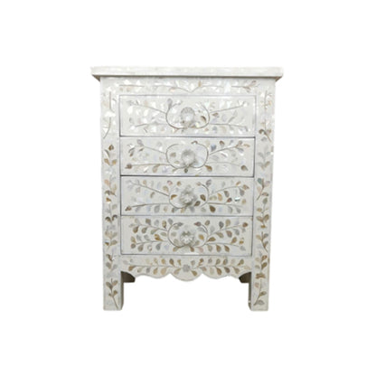 Elegant white mother of pearl inlay bedside cabinet with storage drawers