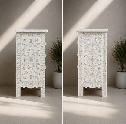 Modern white mother of pearl inlay nightstand with floral pattern and four drawers
