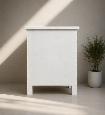 Floral pattern mother of pearl accent table in white finish