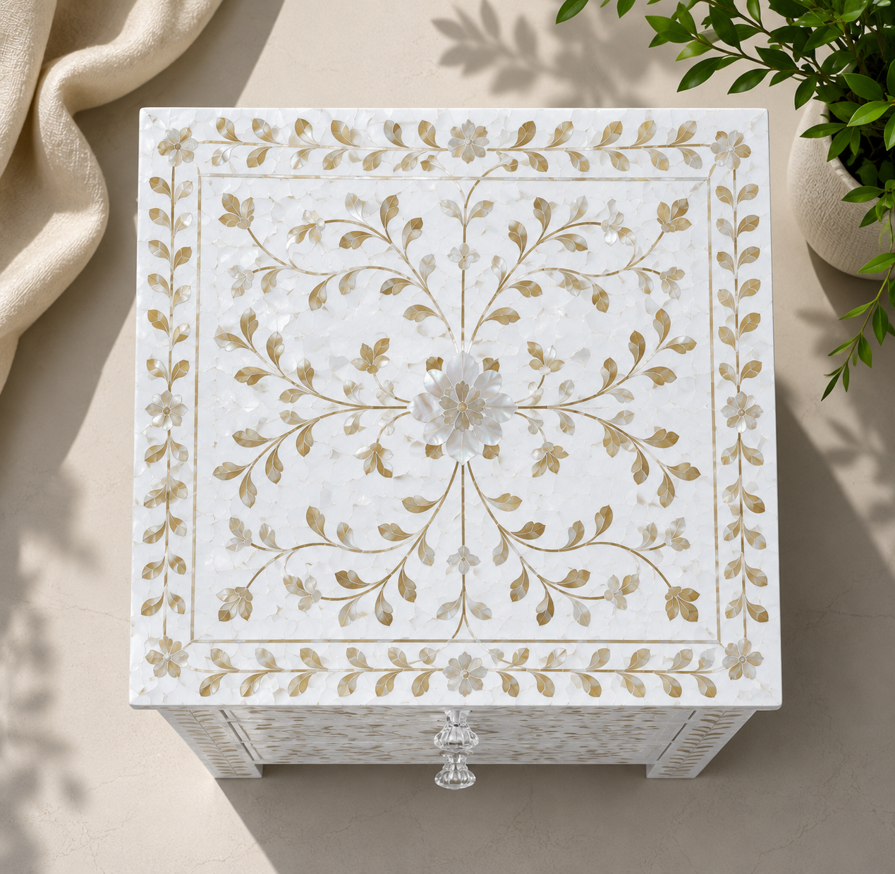 Elegant white mother of pearl inlay bedside cabinet with storage drawers