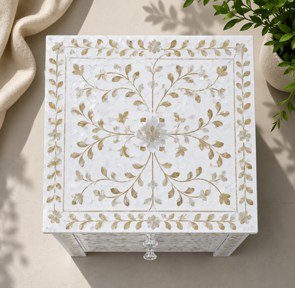 Elegant white mother of pearl inlay bedside cabinet with storage drawers