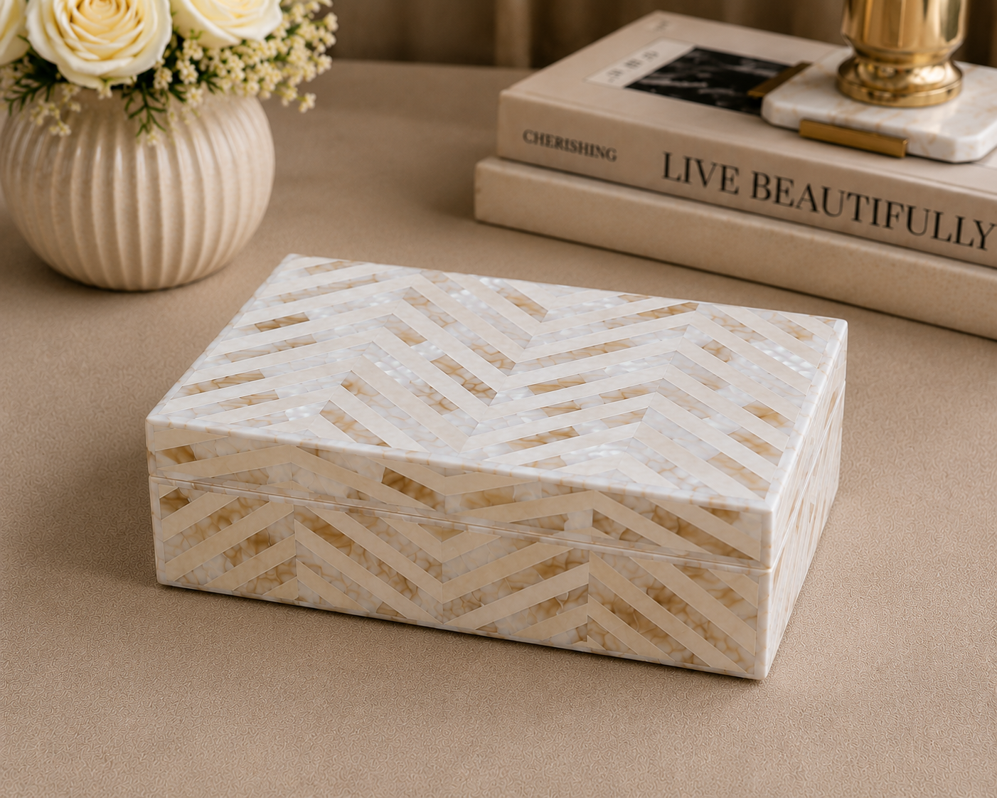 Premium Mother of Pearl Jewelry Box with Geometric Inlay Design