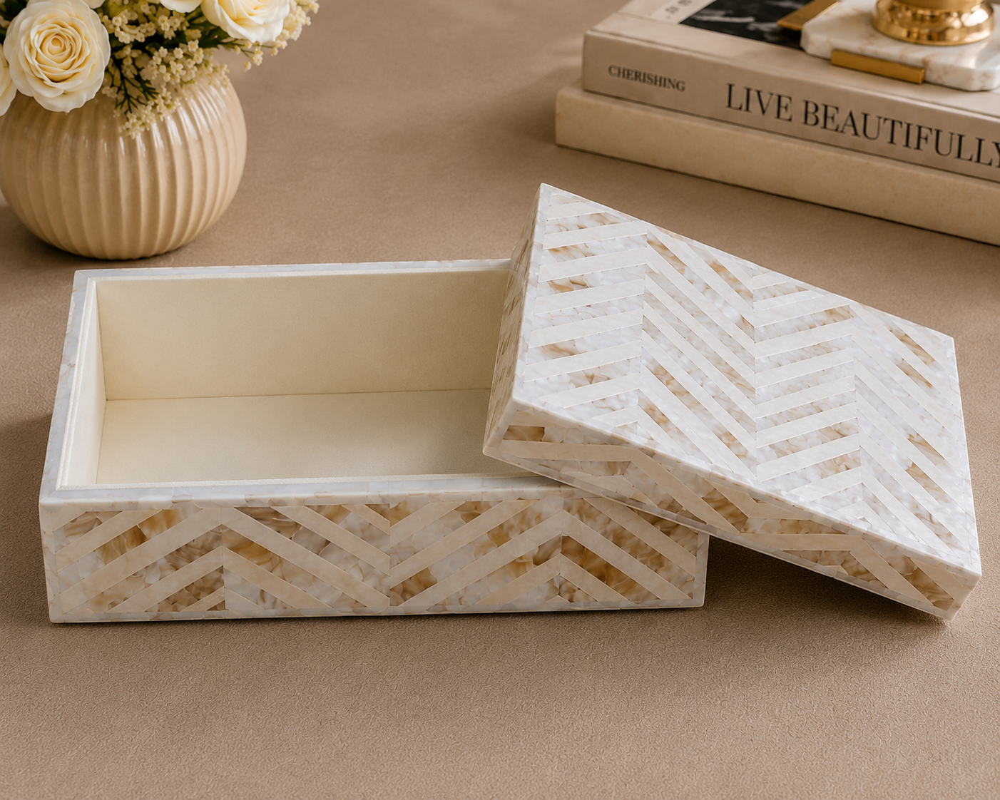 Decorative Mother of Pearl Keepsake Box Styled on Coffee Table