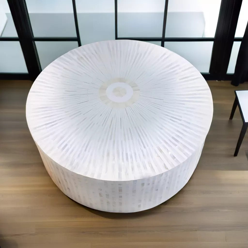 Modern Mother of Pearl mosaic coffee table with solid cylindrical base