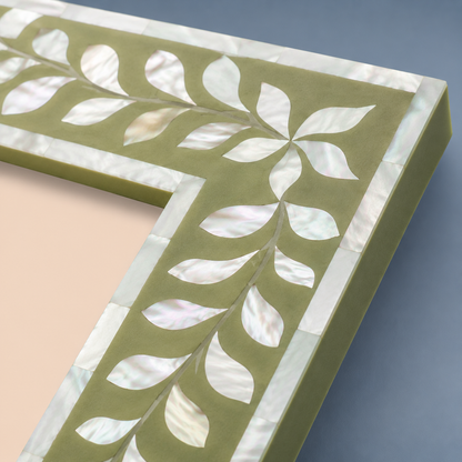 Close-Up of Floral Mother of Pearl Inlay Craftsmanship on Sage Green Picture Frame