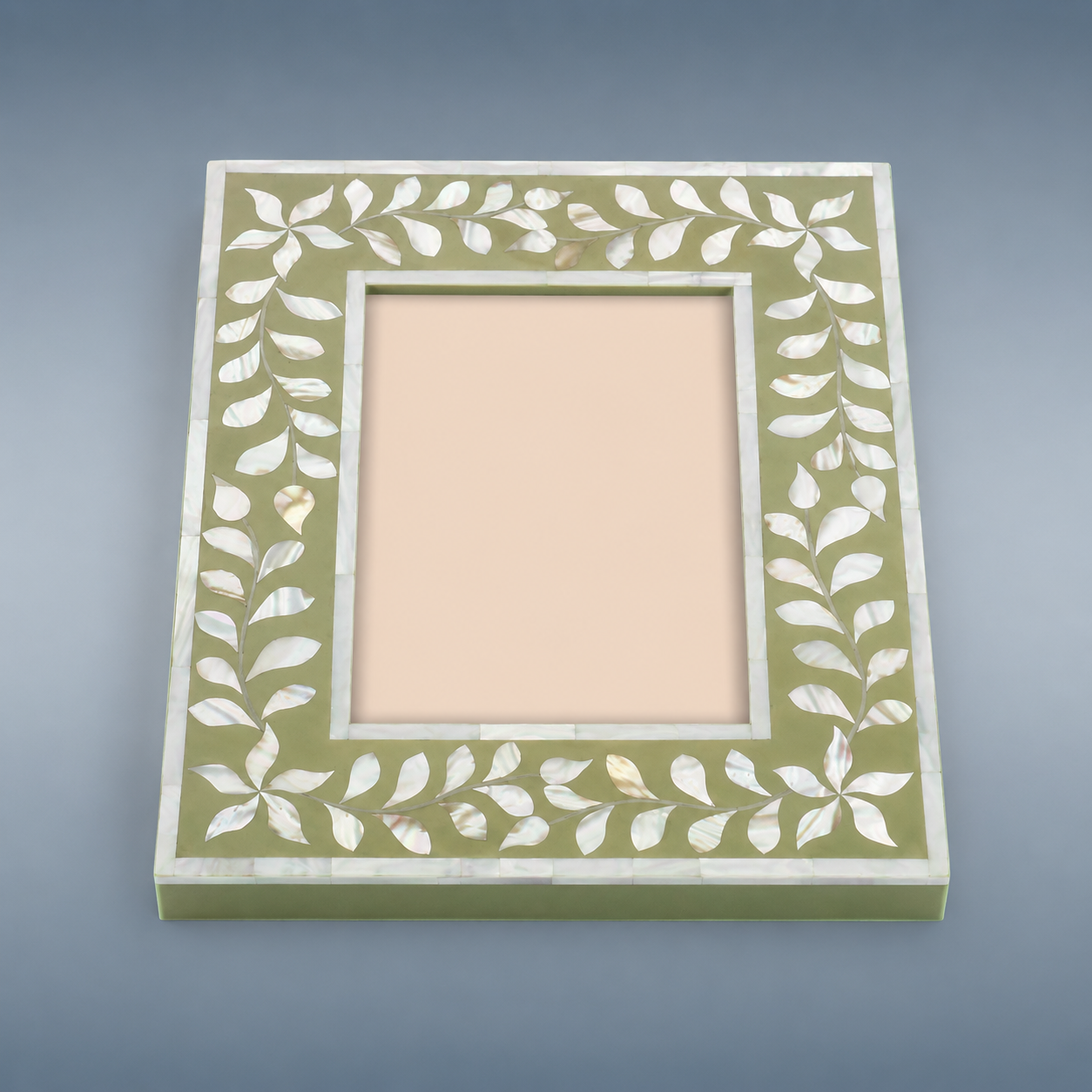 Top View of Sage Green Mother of Pearl Inlay Picture Frame with Floral Design