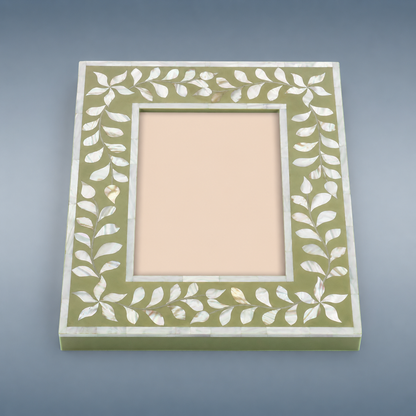 Top View of Sage Green Mother of Pearl Inlay Picture Frame with Floral Design
