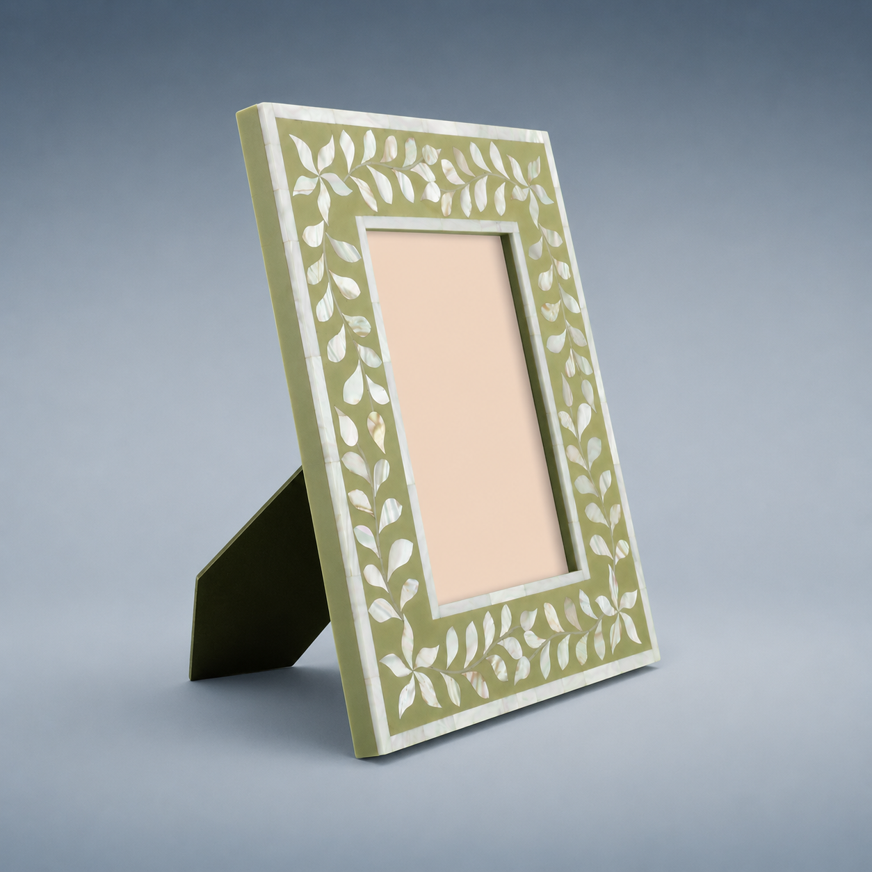 Side View of Handmade Sage Green Mother of Pearl Floral Photo Frame