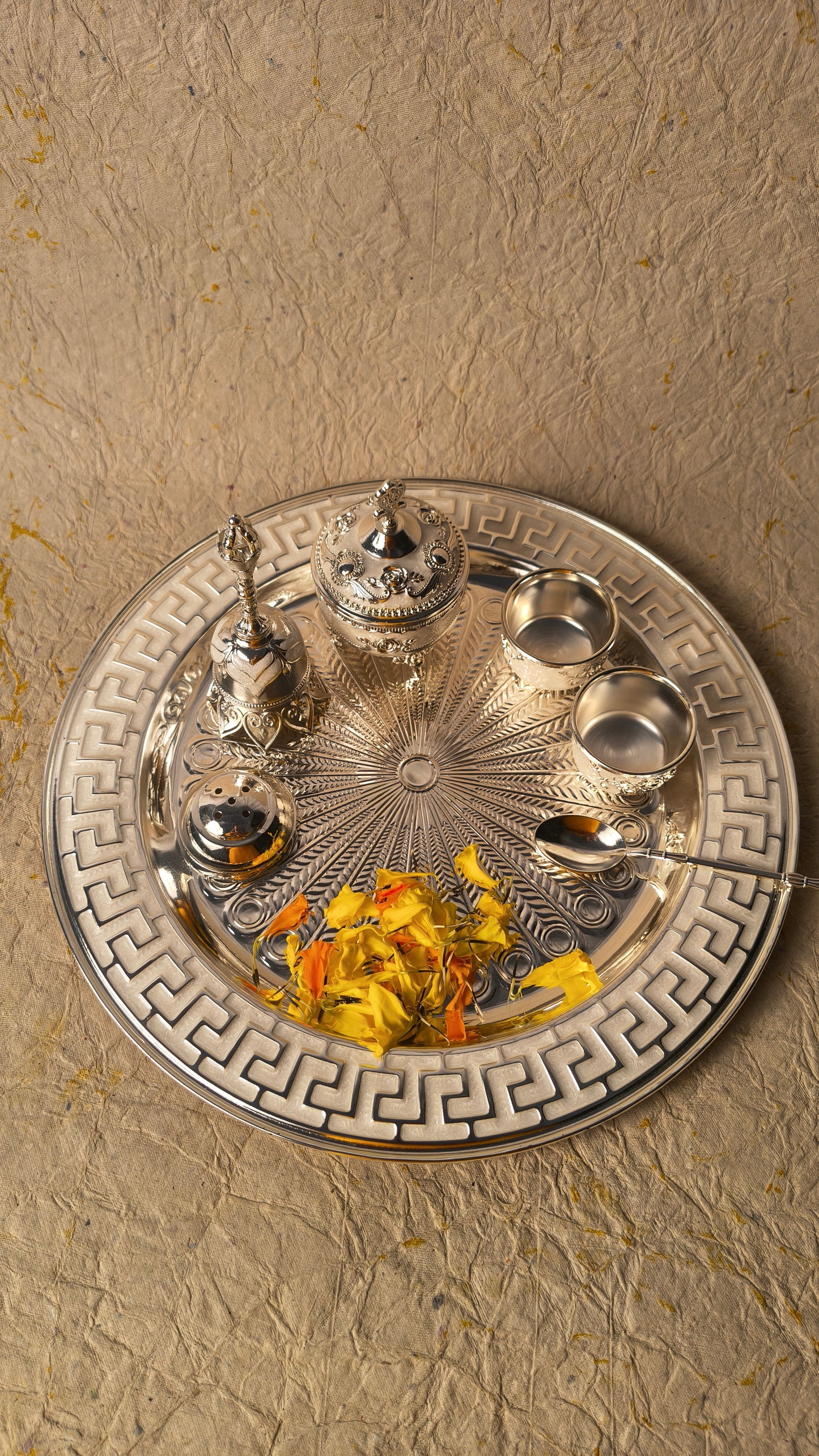 Traditional Pooja Thali Set with Decorative Bell, Kumkum Holder, Diya and Ritual Accessories