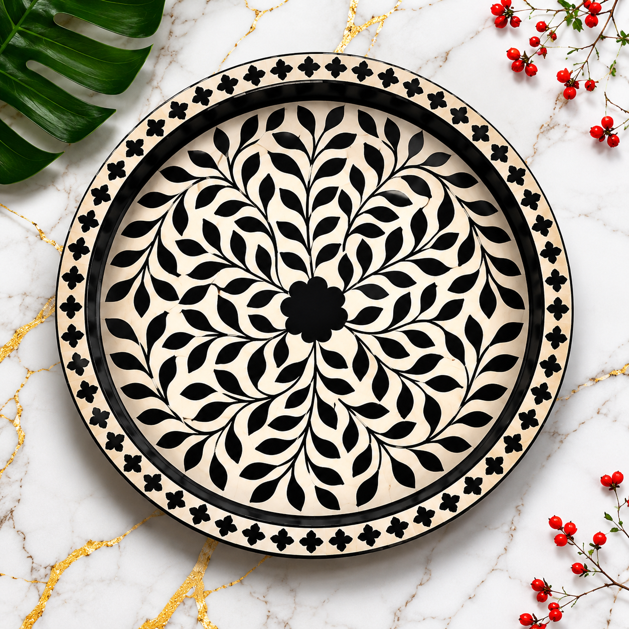 Handcrafted Black Bone Inlay Round Tray with Floral Pattern Decorative Serving Tray