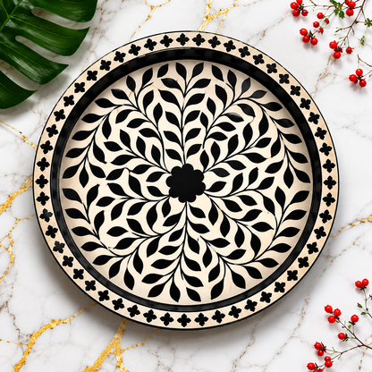 Handcrafted Black Bone Inlay Round Tray with Floral Pattern Decorative Serving Tray