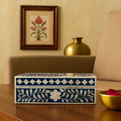 Handmade Mother of Pearl inlay jewelry box with blue floral vine pattern and geometric border design.