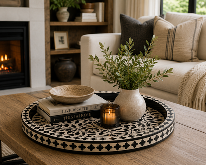 Black Bone Inlay Decorative Tray Styled on Living Room Coffee Table