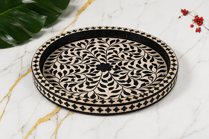 Black Bone Inlay Round Tray Angled View Handmade Decorative Serving Tray