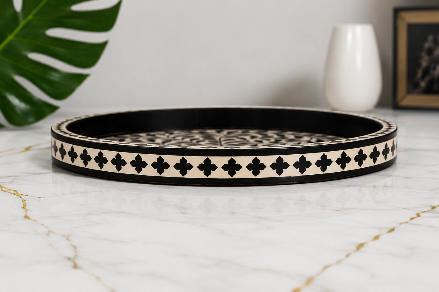 Luxury Black Bone Inlay Round Tray – Handmade Decorative Serving Tray.