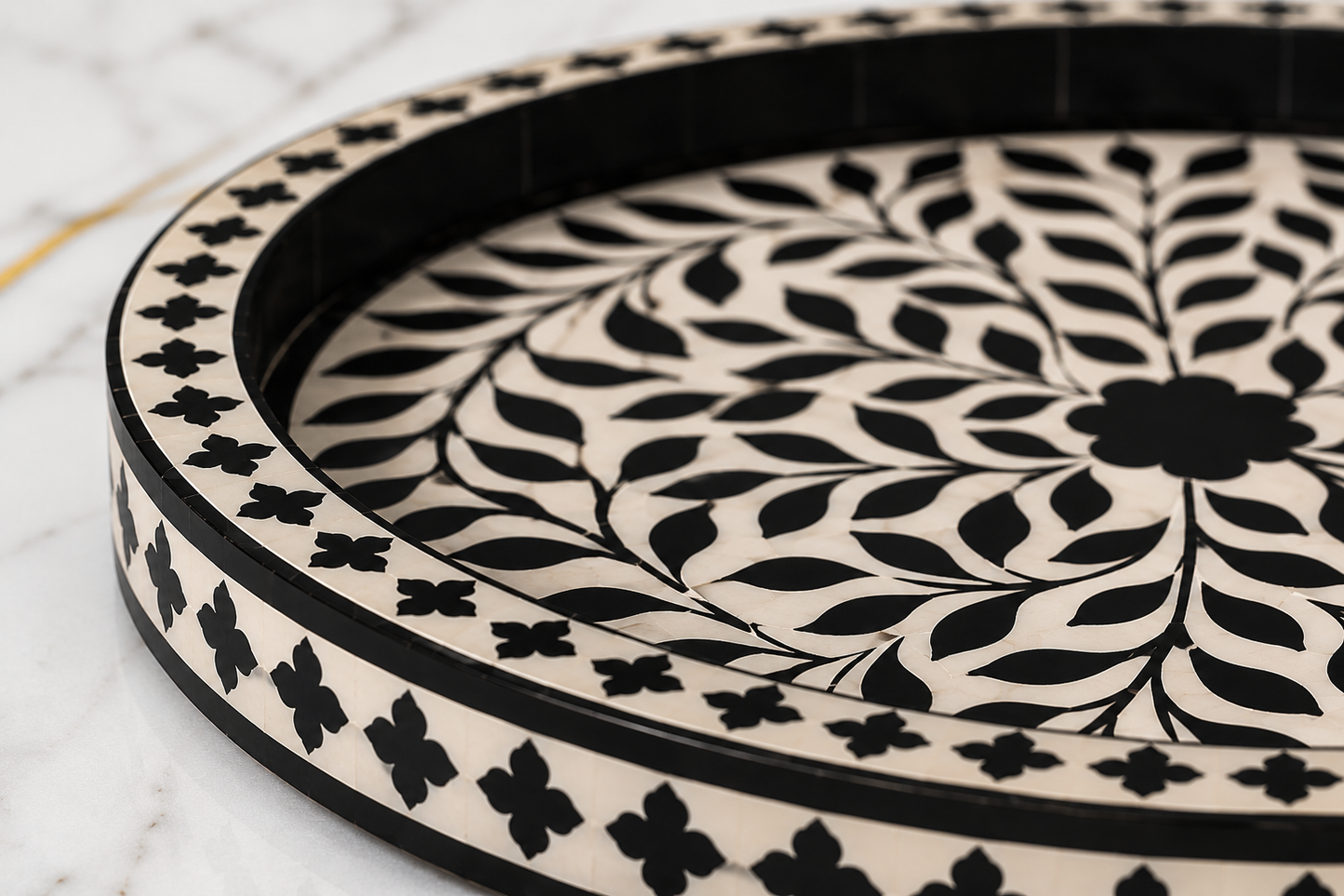 Close Up Detail of Black Bone Inlay Floral Pattern Handmade Decorative Tray