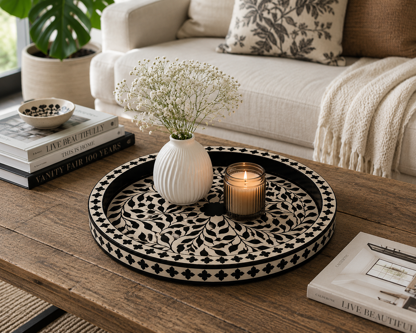 Handcrafted Black Bone Inlay Tray Used as Coffee Table Centerpiece Decor