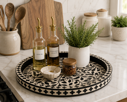 Handmade Black Bone Inlay Tray for Vanity Counter and Bathroom Decor