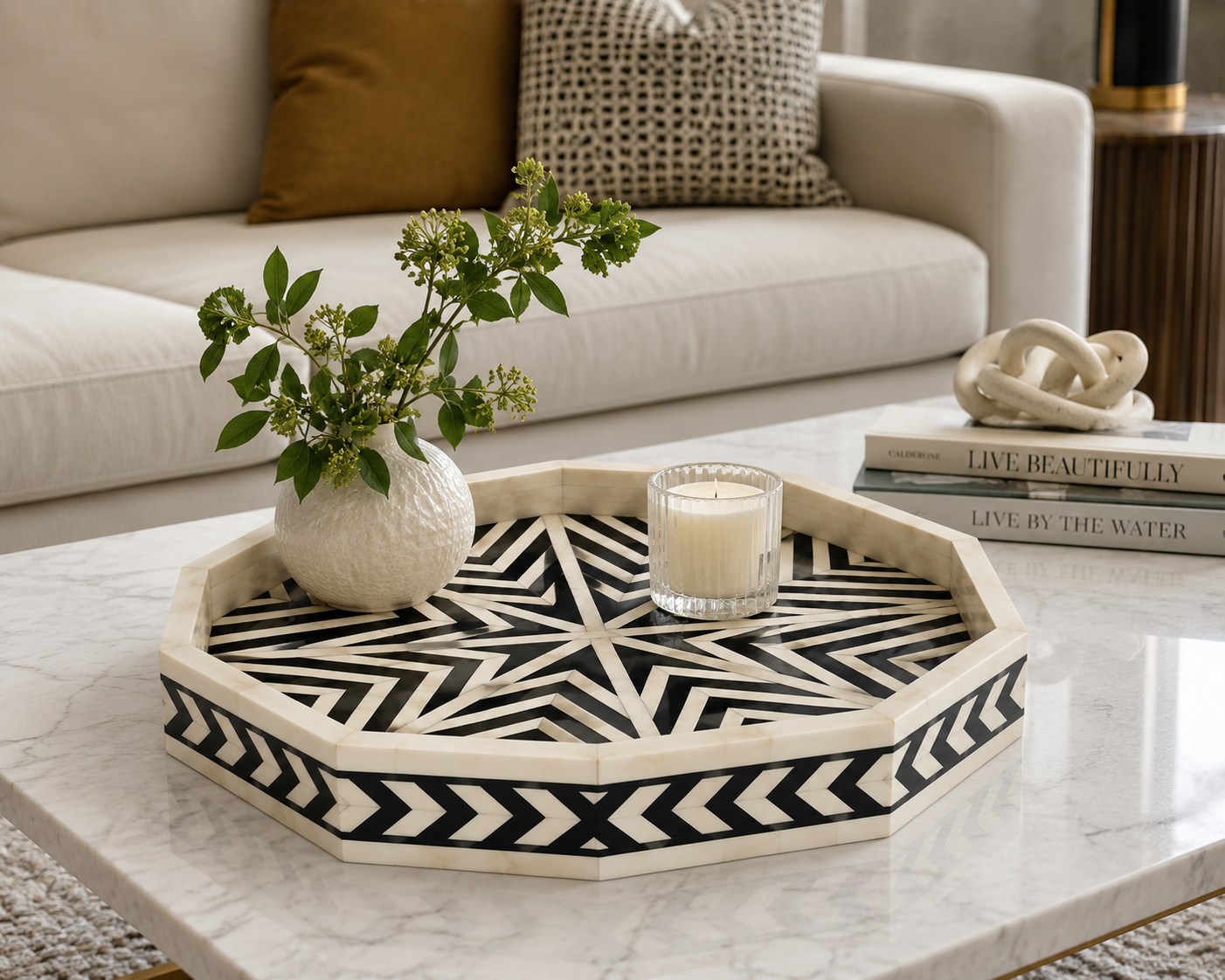 Handmade Bone Inlay Octagonal Serving Tray – Customizable Luxury Home Decor.