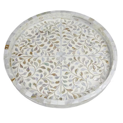 Luxury round serving tray with handcrafted mother of pearl inlay