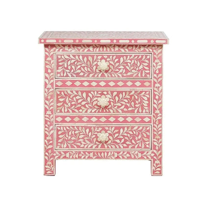HANDMADE FLORAL PATTERN PINK BONE INLAY FLORAL PATTERN BEDSIDE TABLE
