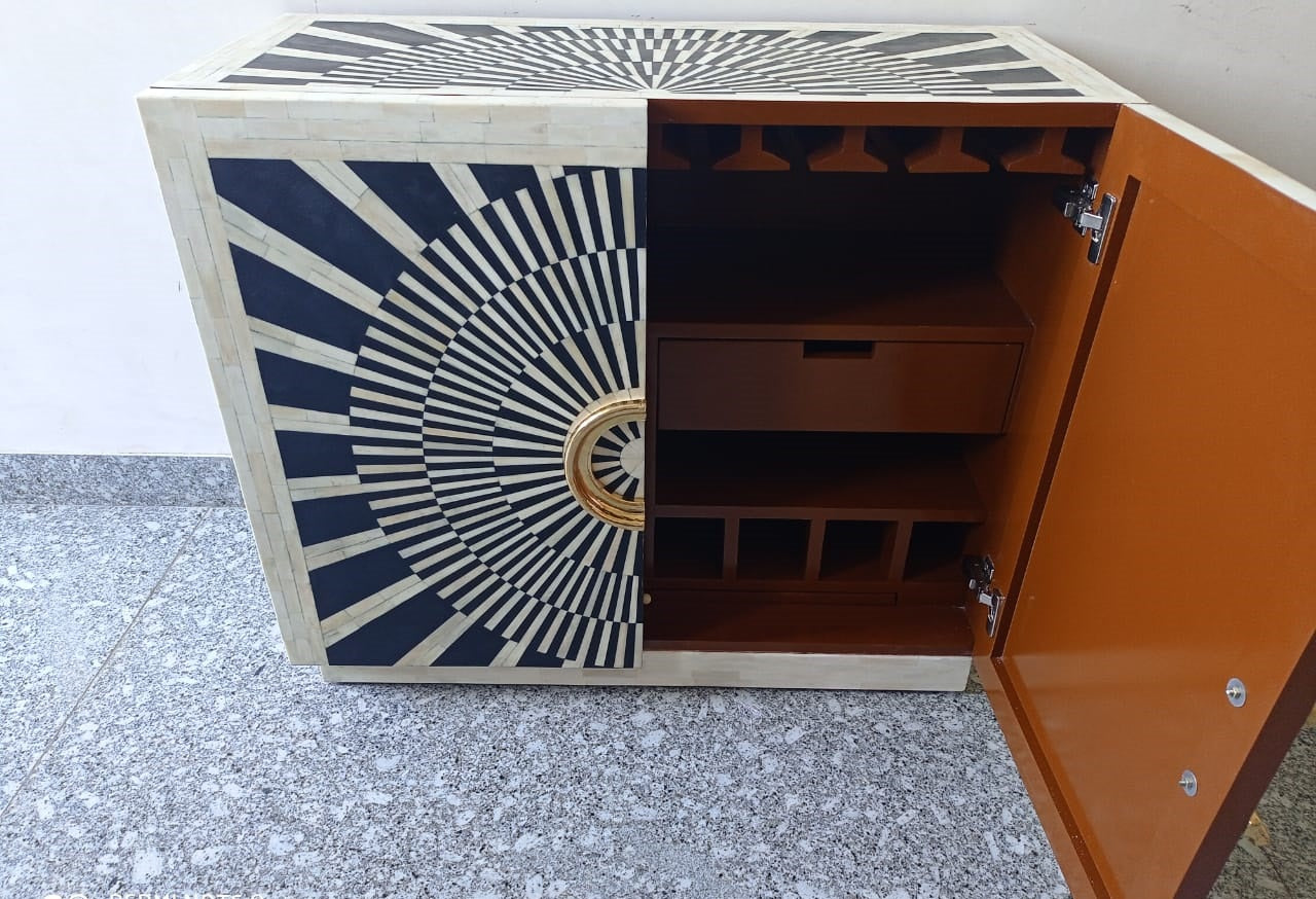 Personalized Handmade Bone Inlay Bar Cabinet