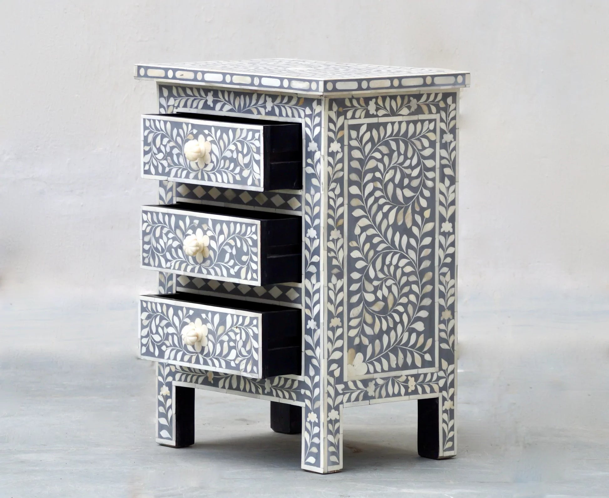 Handmade Bone Inlay Grey Floral Nightstand