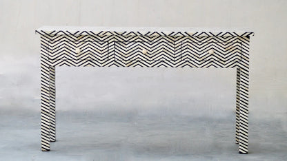 HANDMADE BONE INLAY CONSOLE TABLE IN BLACK AND WHITE CHEVRON PATTERN